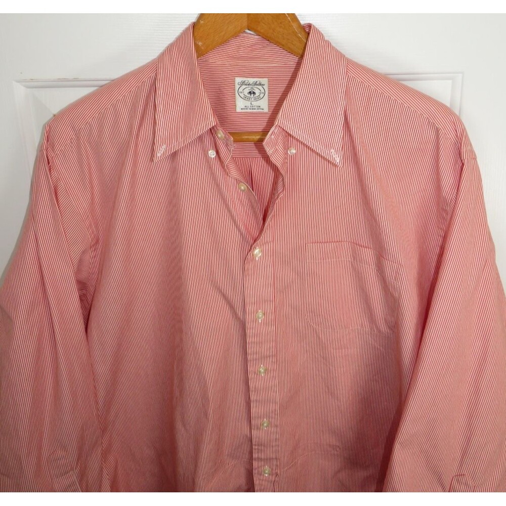 Brooks Brothers Sport Shirt Mens LG Red/White Pinstripe Vintage Cotton